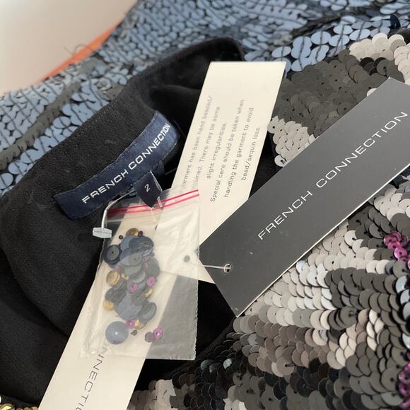 French Connection Navy Blue Gold Sequin Shift Mini Dress Cocktail Party Size 2 - Picture 9 of 15